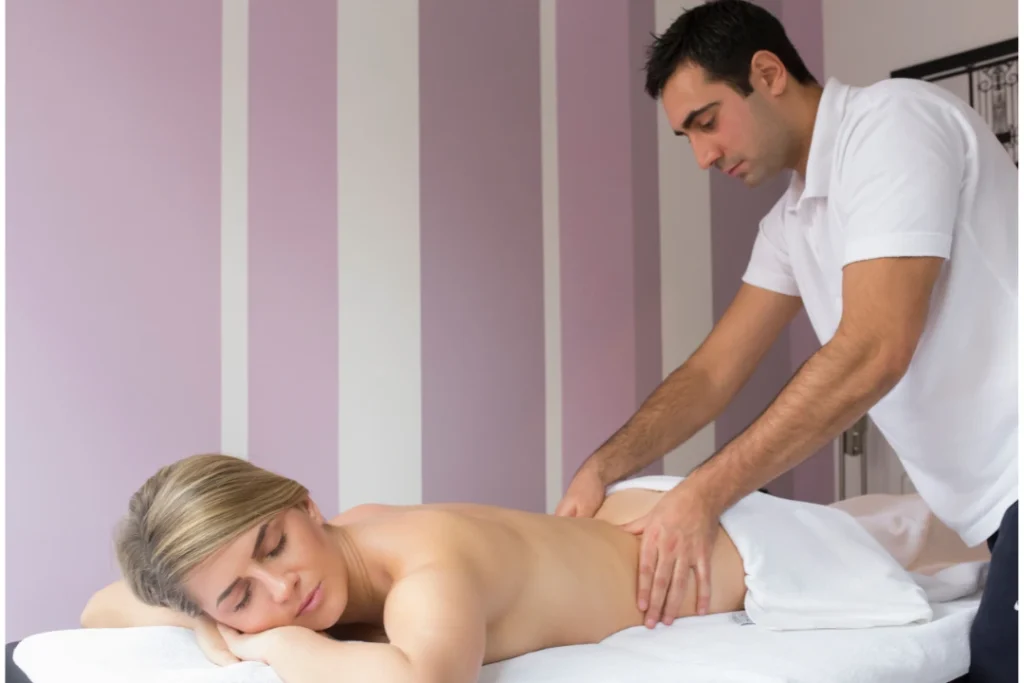 Person receiving a professional massage on a portable massage bed in an apartment in Home Massage in Palm Jumeirah